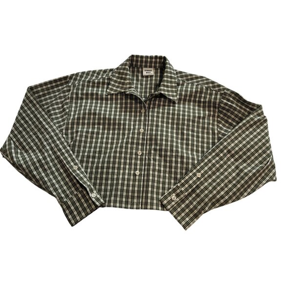 Aritzia Sunday Best Cropped Button Down Shirt in Green Plaid - Picture 1 of 3